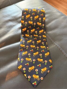 Burberry Navy Tie with Yellow Wheelbarrow & Red Floral Motif